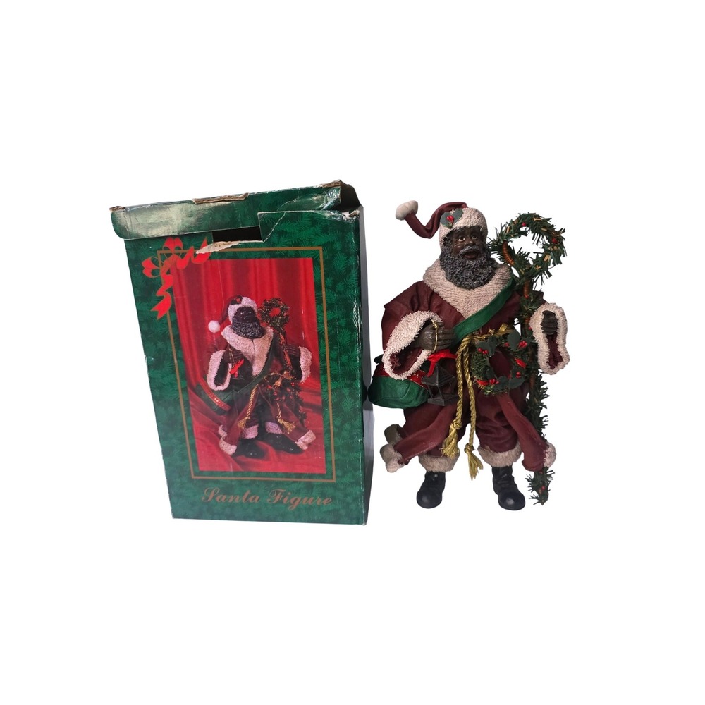 Vintage Black Santa Claus Figure Burgundy Robe Staff Lantern Christmas Decor